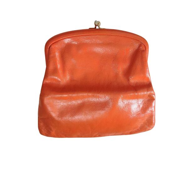 1950s Ingber Orange Genuine Leather Fold Over Clutch Handbag Gold Kiss Closure - Picture 6 of 8